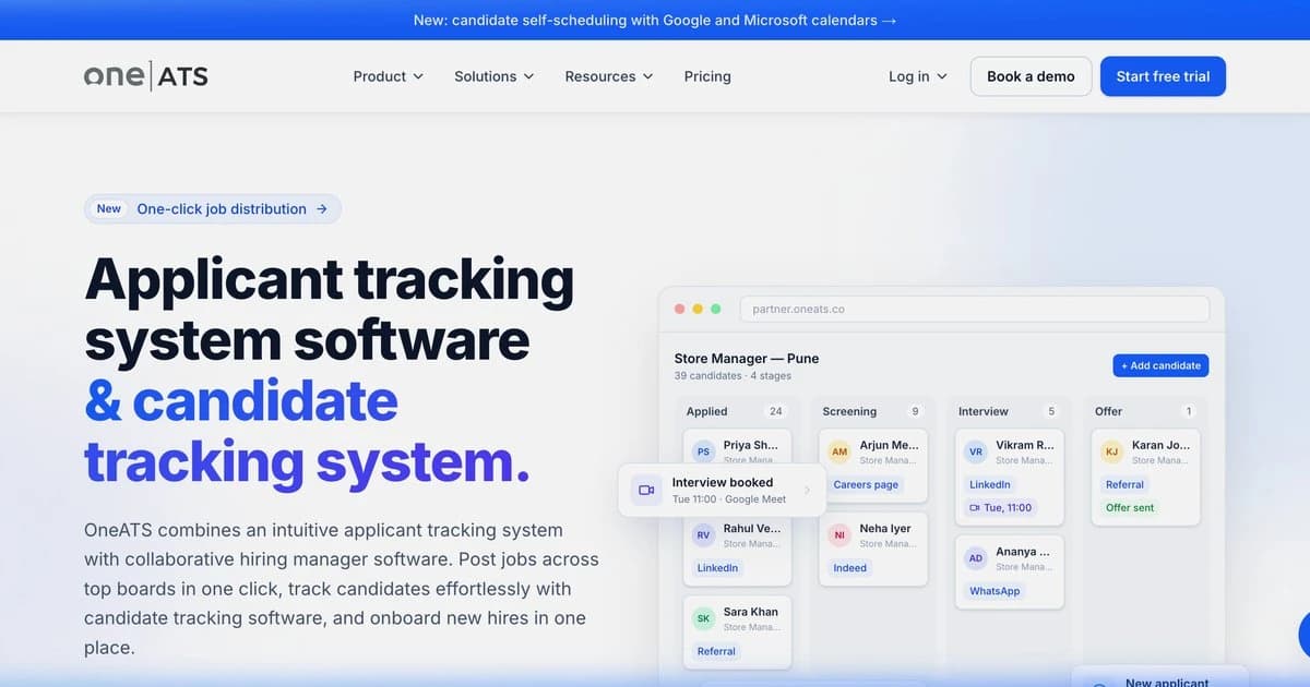 Applicant tracking system dashboard showing candidate pipeline and hiring metrics in OneATS