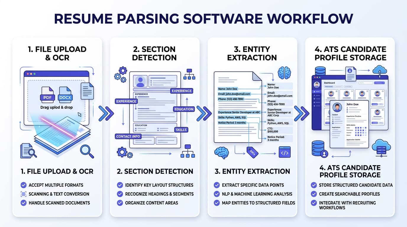 How resume parsing works: file reading, section detection, entity extraction and storage in an applicant tracking system
