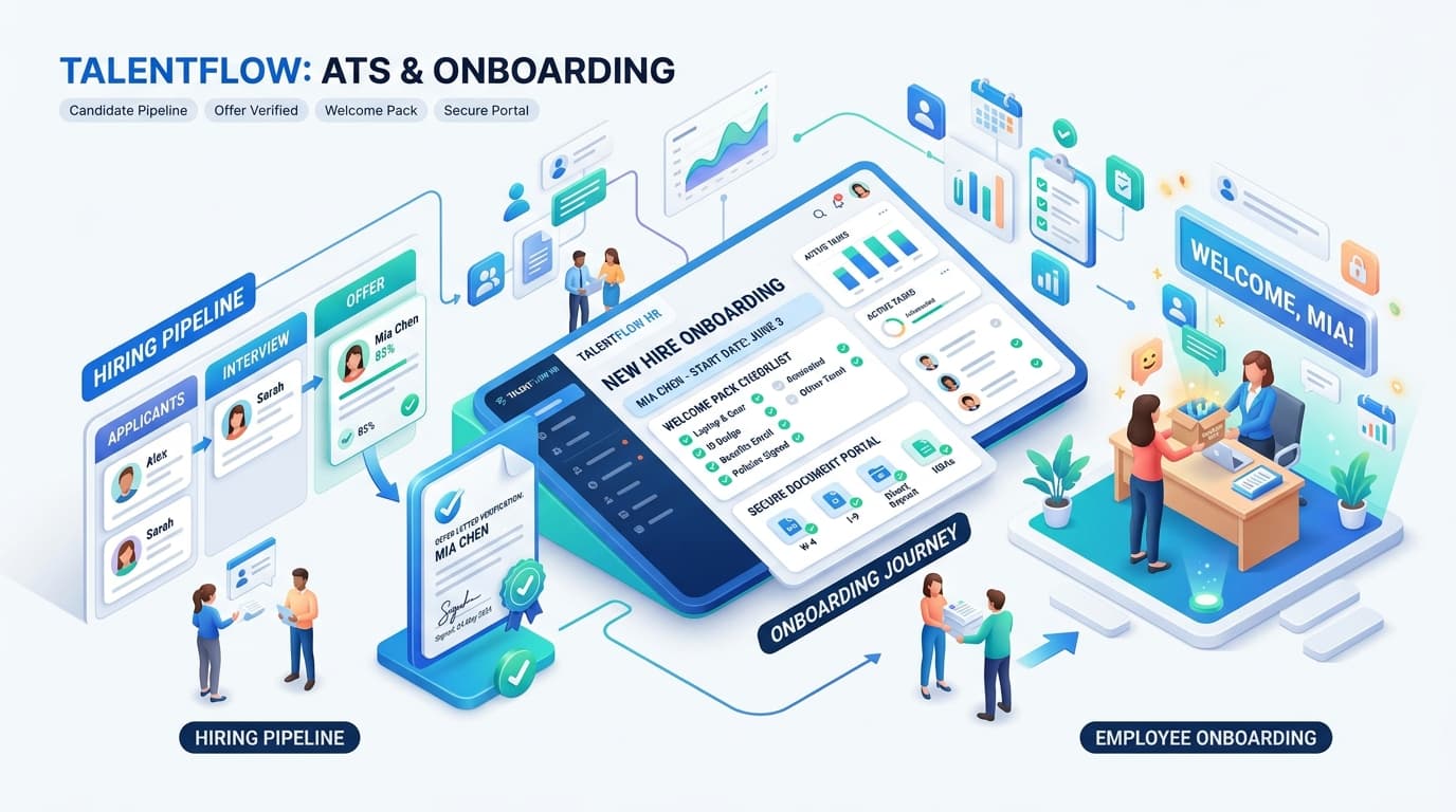 HR applicant tracking system connecting candidate offer letter acceptance with digital employee onboarding checklist