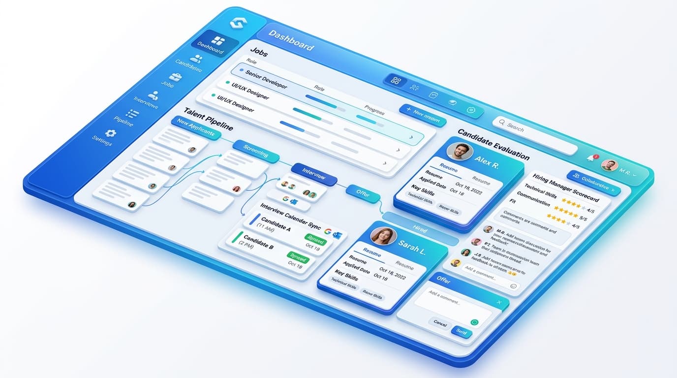 Recruiting applicant tracking system interface featuring visual Kanban pipeline stages and candidate evaluation cards