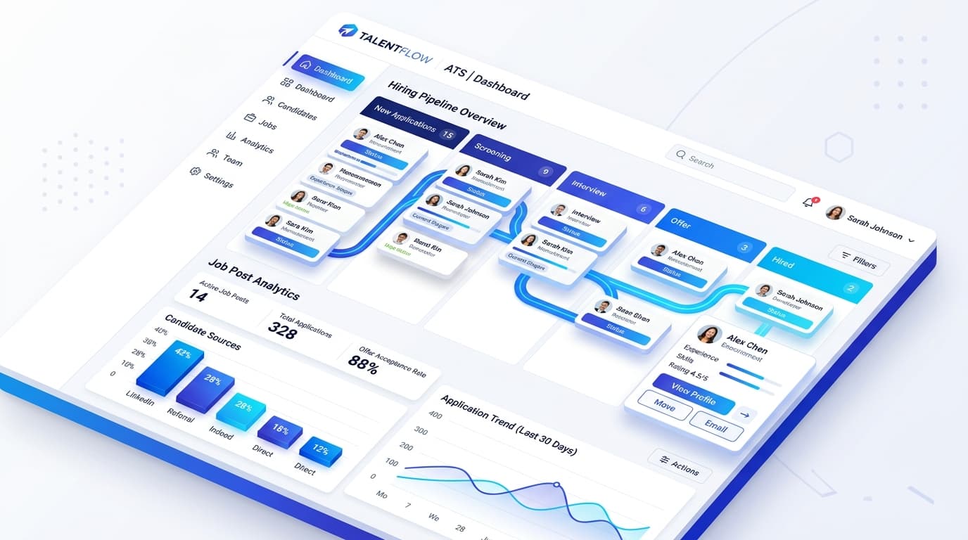 Modern applicant tracking system ATS software dashboard showing candidate pipeline and multi-channel metrics