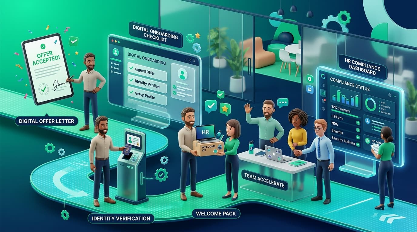 Digital onboarding workflow with verified documents, offer letter, and new hire checklist