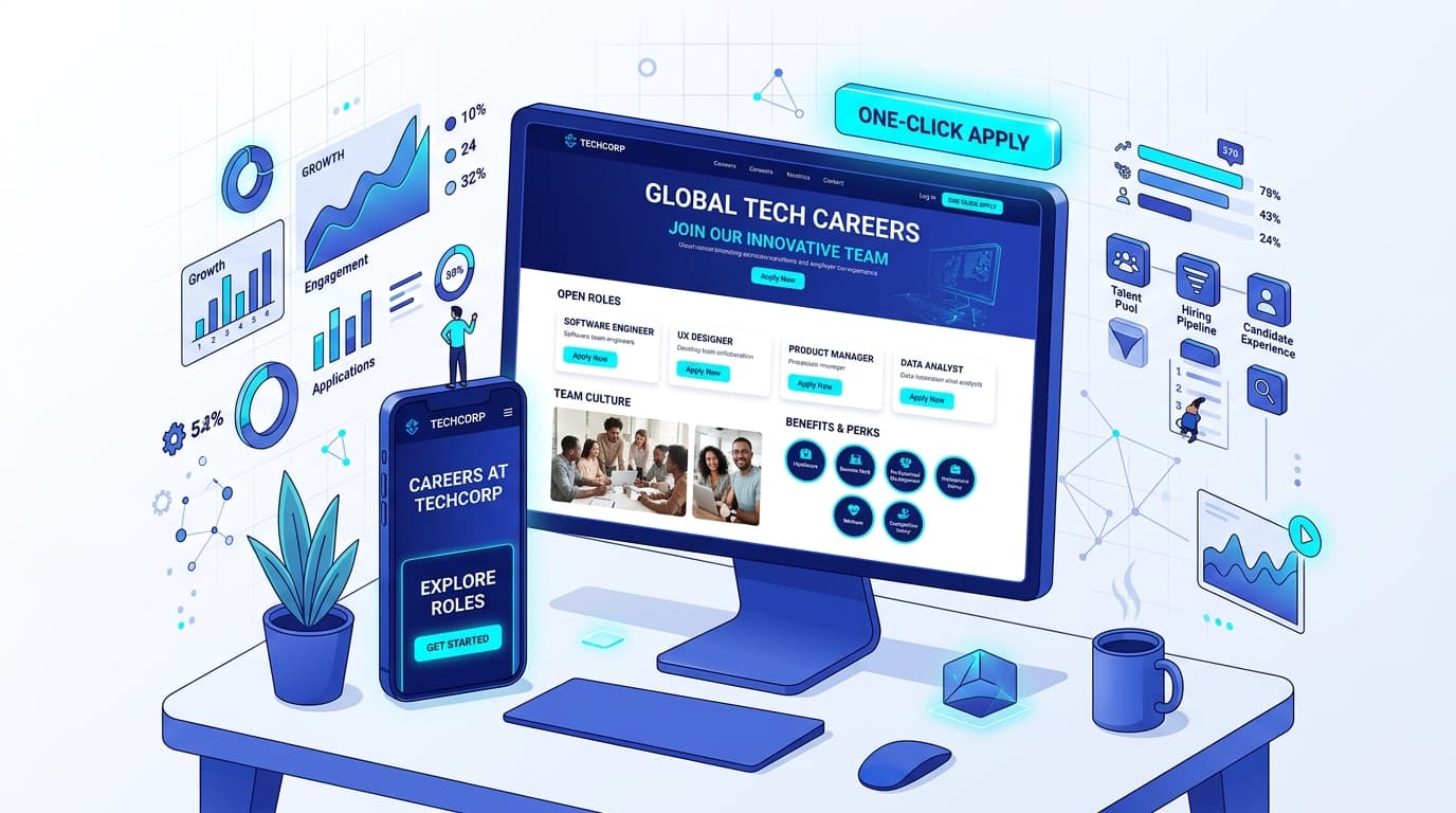 Modern company careers page builder preview showing open job listings, team culture, and one-click quick apply