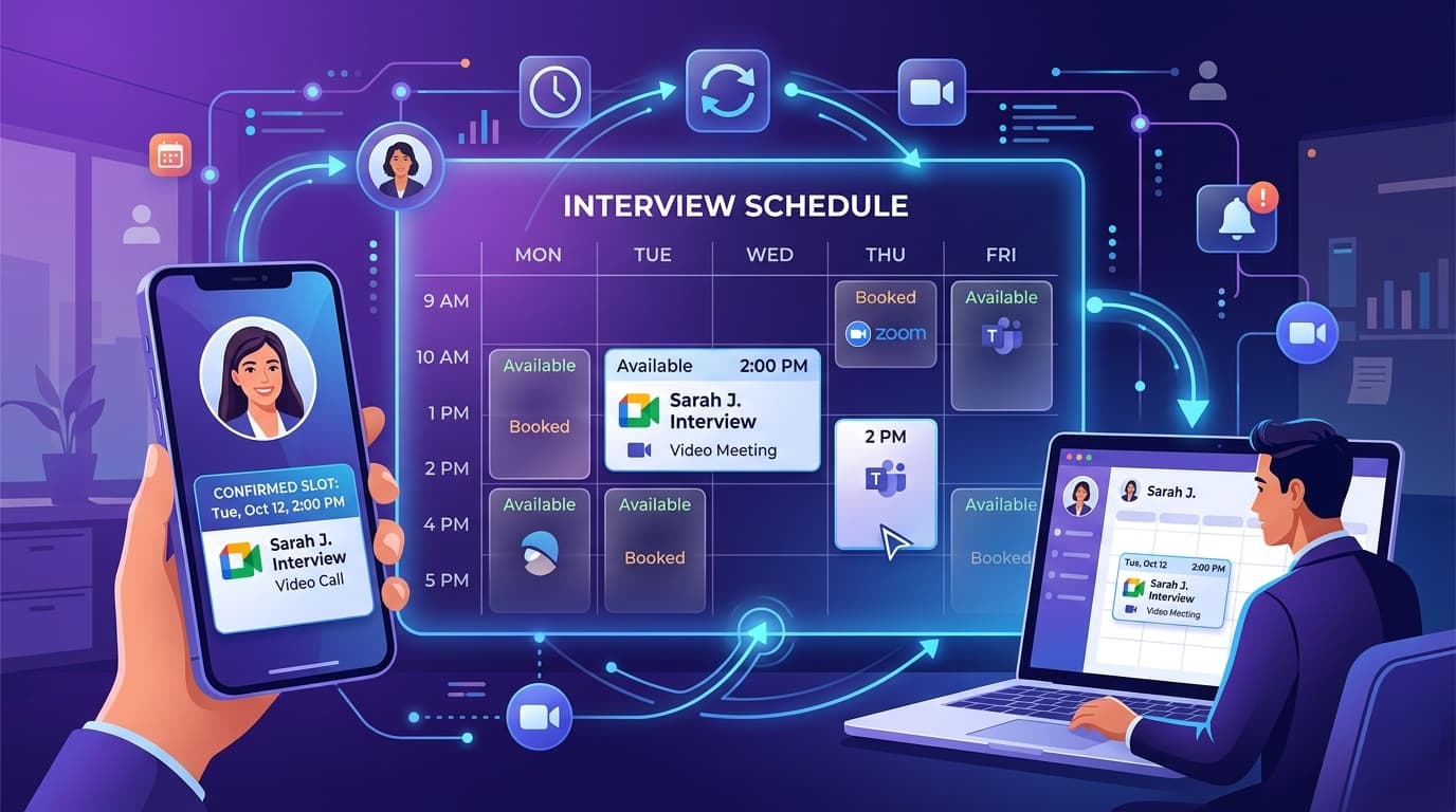 Smart interview scheduling interface with calendar synchronization and automated meeting links