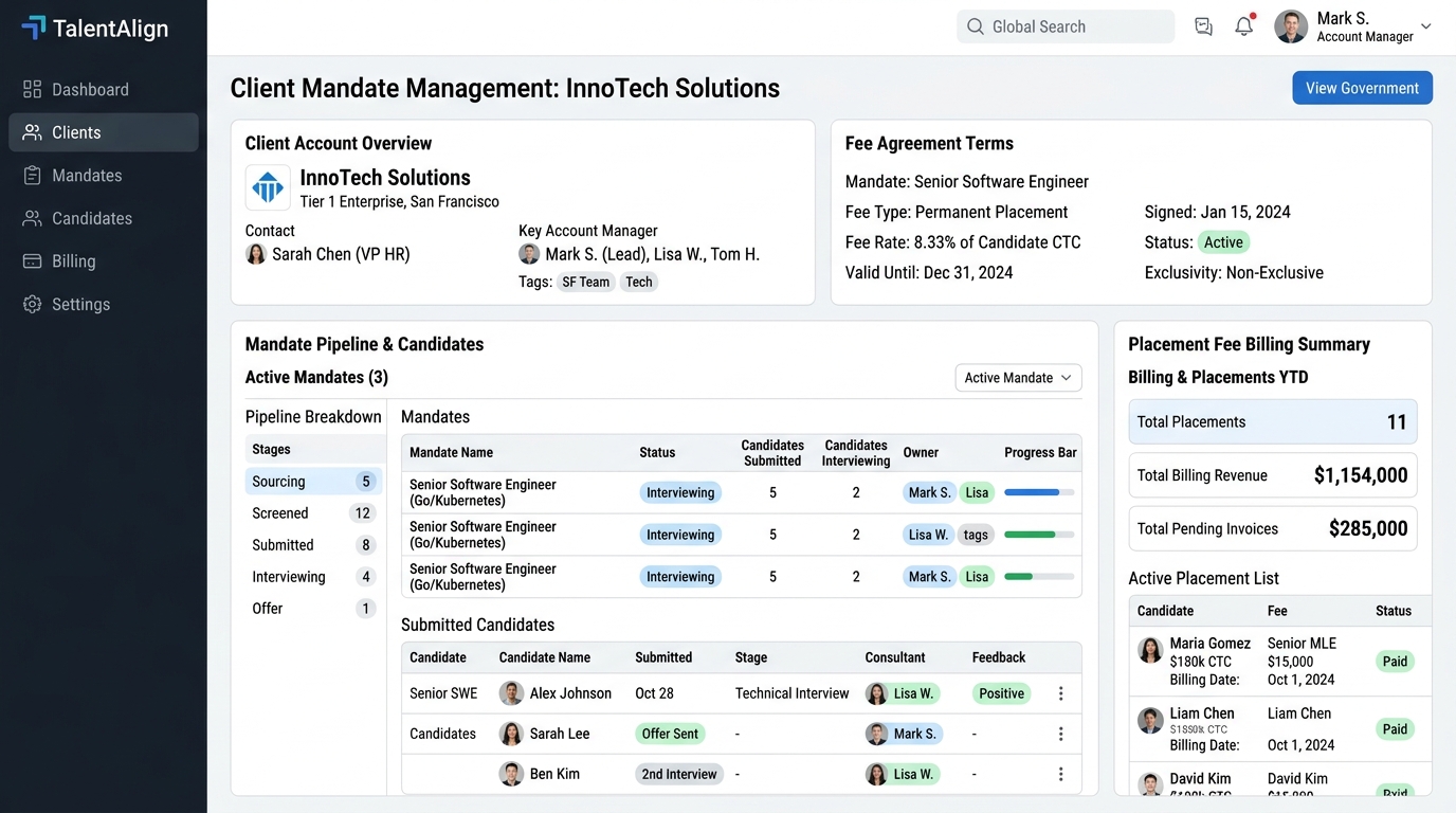 Staffing agency client mandate record dashboard showing fee terms, submitted candidates, consultant ownership, and billing