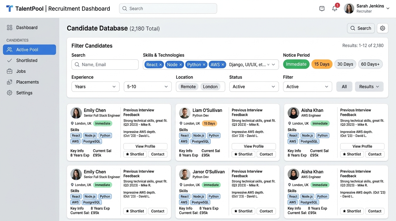 OneATS recruitment talent pool candidate database showing skill tag filters, notice period pills, and candidate cards