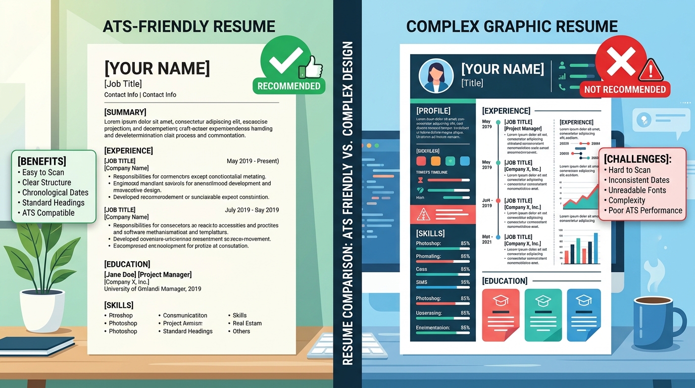 Comparison of an ATS-friendly clean single column resume layout versus a complex graphic resume layout