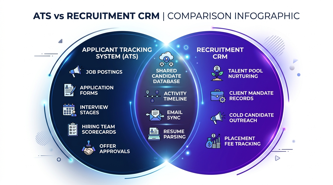 Venn diagram comparing Applicant Tracking System (ATS) on the left, Recruitment CRM on the right, and shared features in the center