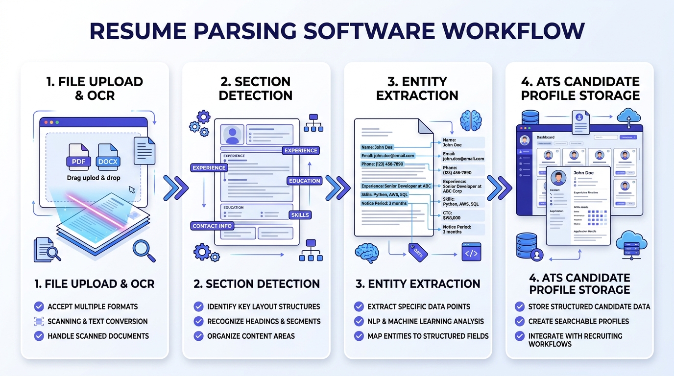 Diagram illustrating the 4-step resume parsing software workflow: file reading, section detection, entity extraction, and ATS storage
